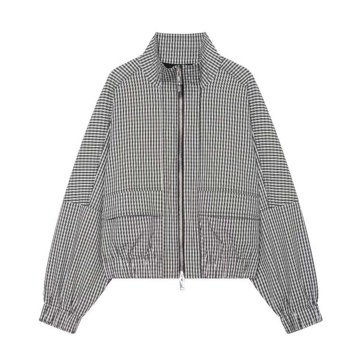 Damen Gekürzte Boxy‑Jacke im Vichy‑Karo mit Stehkragen und Zweiwege‑Reißverschluss Drune