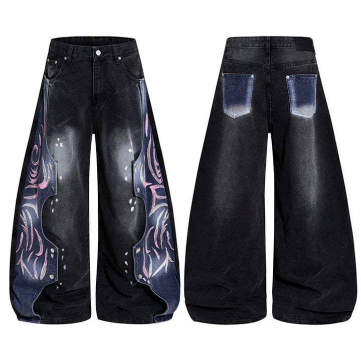 Damen High‑Waist weite Balloon‑Denim‑Culotte mit kontrastseitigen Artwork‑Paneelen Drune