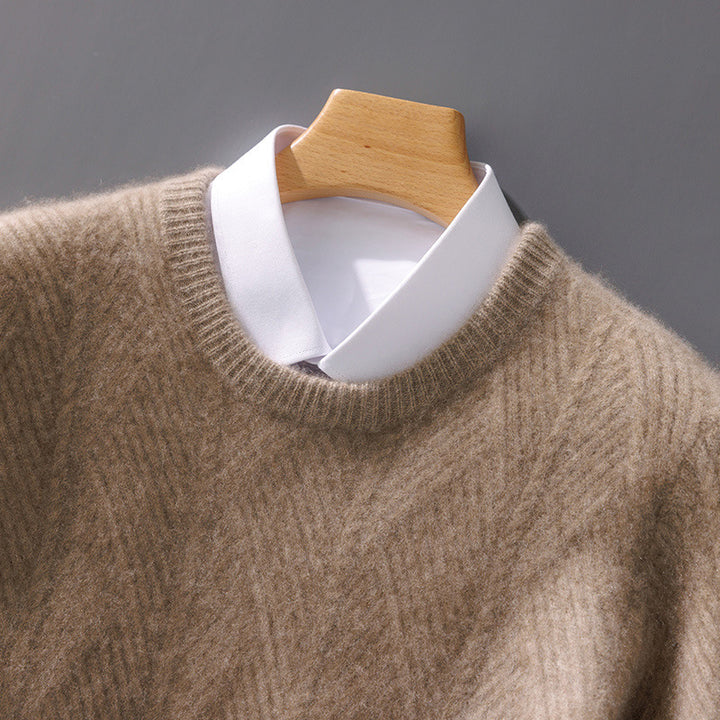 Herren strukturierter Rundhalspullover aus weichem Wollmix mit Chevron‑Strick Drune