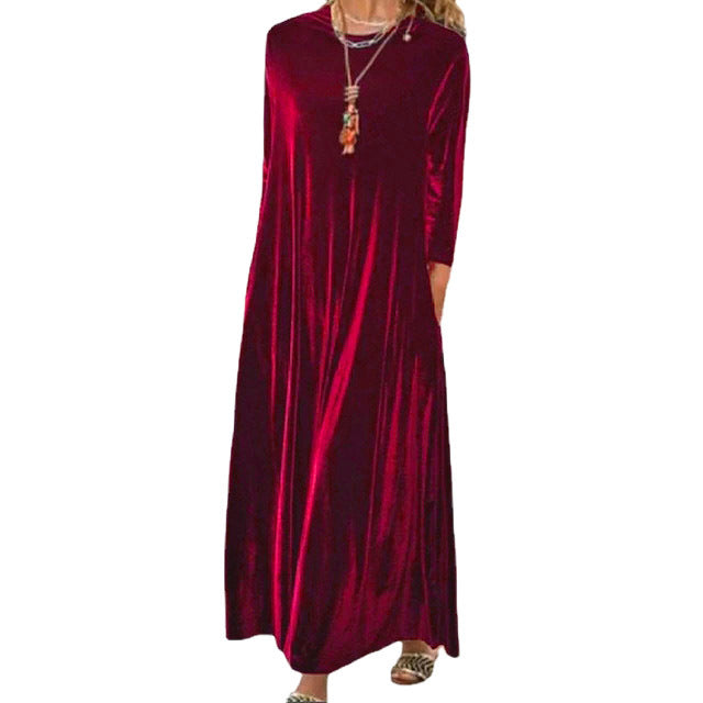 Damen Langes samtiges Maxikleid mit Rundhalsausschnitt, halblangen Ärmeln und seitlichen Taschen Drune