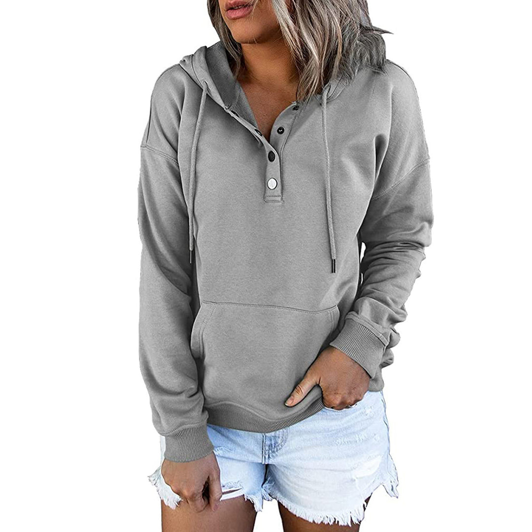 Damen Kapuzenpullover mit Henley-Knopfleiste, Kängurutasche und lockerer Passform Drune