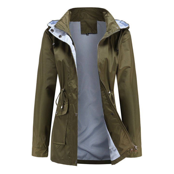 Damen Wetterfeste Regenjacke mit verstellbarem Kapuzenkragen und Taillenzug Drune
