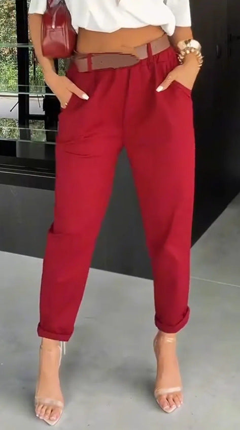 Damen nan hochtaillierte Paperbag-Hose mit gerafftem Bund, Eingrifftaschen und gekrempeltem Saum Drune
