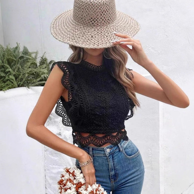Damen Spitze Detail kurze Bluse Drune