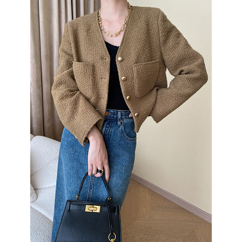 Damen modische Bouclé-Jacke mit Knopfdetails Drune