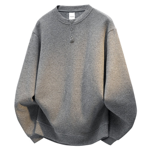 Herren Oversize Strukturierter Henley-Strickpullover mit dreifacher Knopfleiste Drune