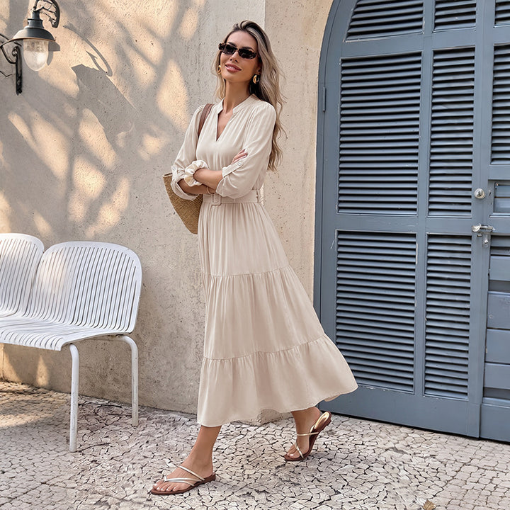 Damen Elegantes Maxikleid mit Taillengürtel und Rüschendetails Drune
