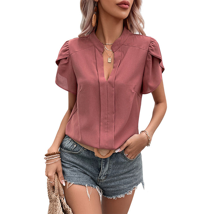 Damen Bluse mit eleganten Puffärmeln und v-förmigem Ausschnitt Drune