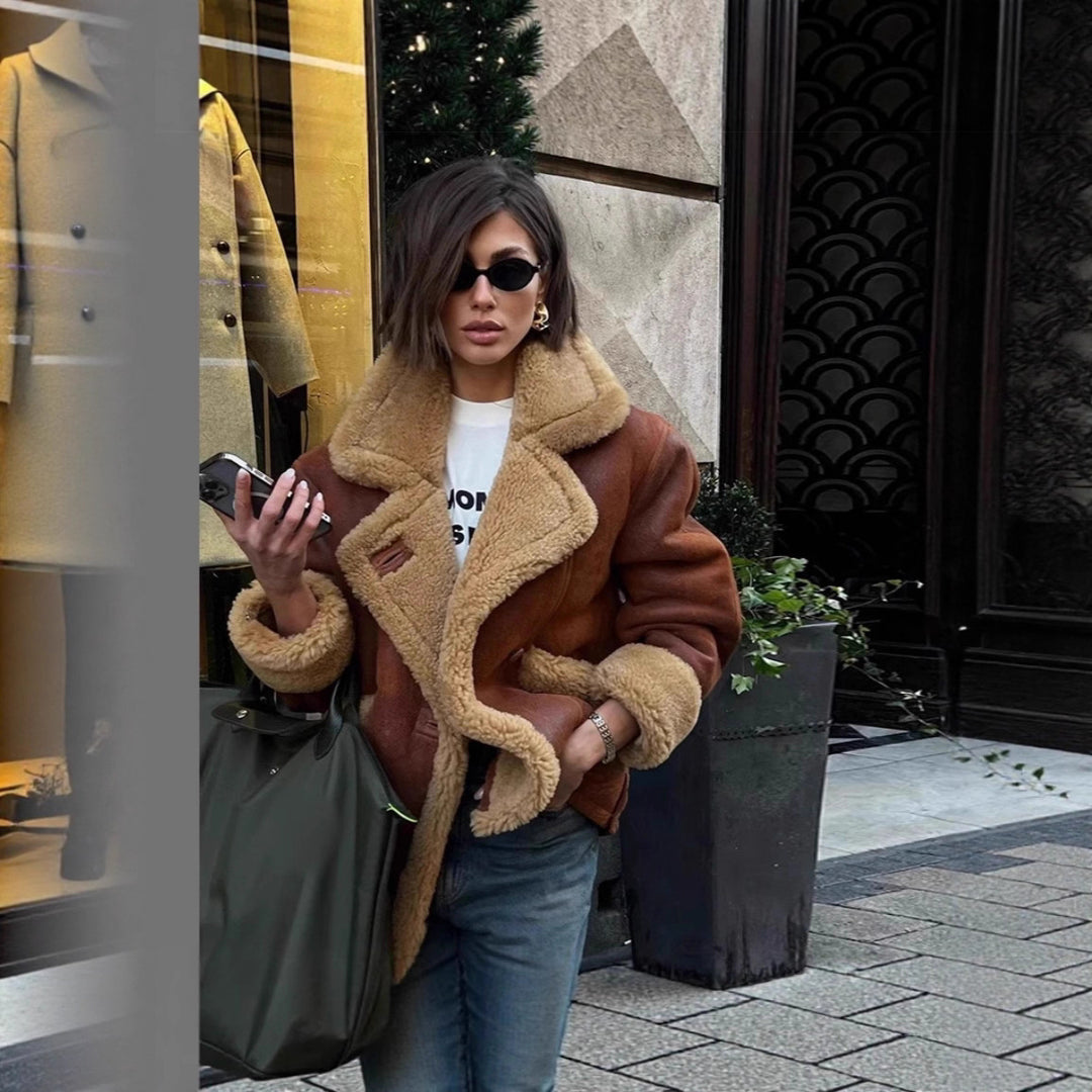 Damen Teddy-Lederjacke mit ausgefallenem Kragen und abnehmbaren Details Drune