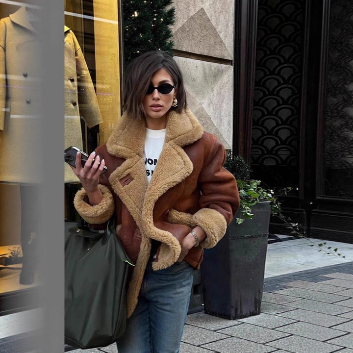 Damen Teddy-Lederjacke mit ausgefallenem Kragen und abnehmbaren Details Drune