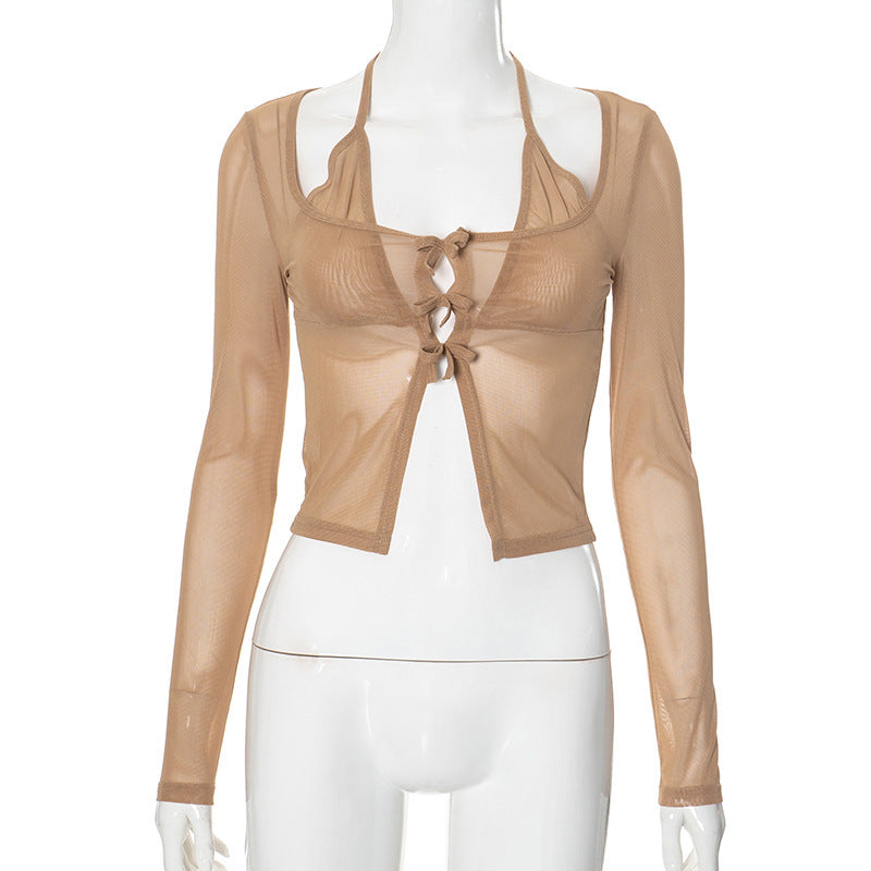 Damen langer Arm Mesh Bluse mit verstellbarem Knoten-Design Drune