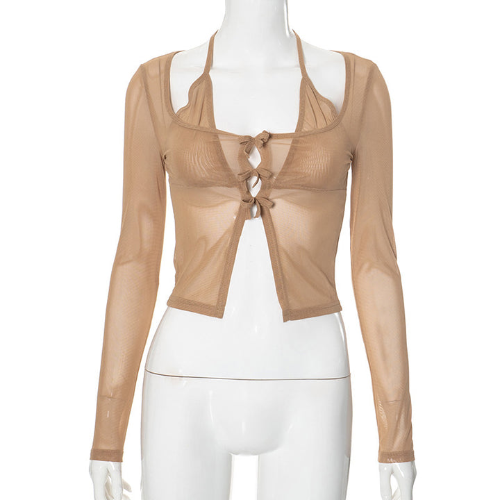 Damen langer Arm Mesh Bluse mit verstellbarem Knoten-Design Drune