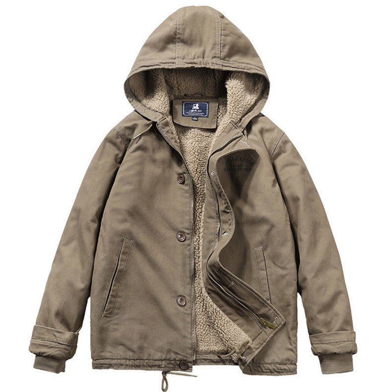 Herren Kapuzenjacke im Vintage-Worker-Stil mit Sherpa‑Futter Drune