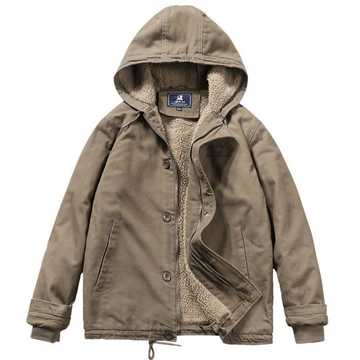 Herren Kapuzenjacke im Vintage-Worker-Stil mit Sherpa‑Futter Drune