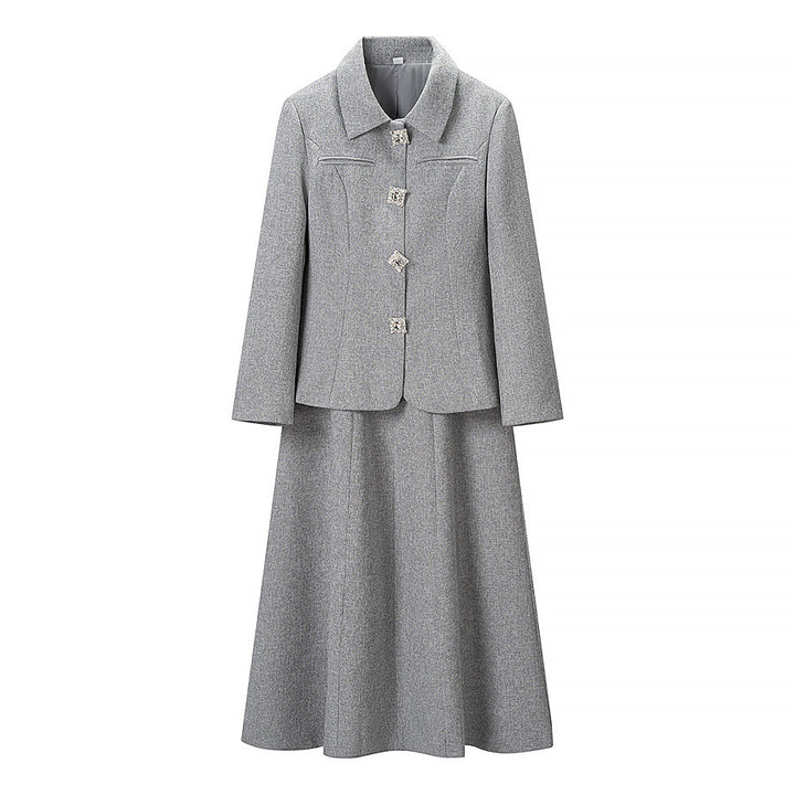 Damen Elegantes zweiteiliges Wollmisch-Kostüm mit tailliertem Kurzblazer und ausgestelltem Midirock Drune