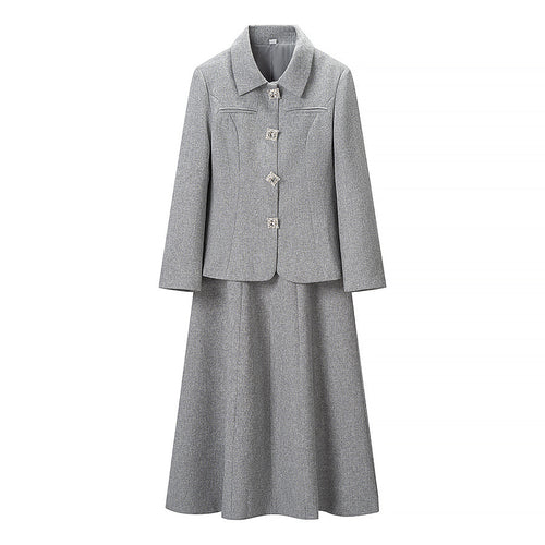Damen Elegantes zweiteiliges Wollmisch-Kostüm mit tailliertem Kurzblazer und ausgestelltem Midirock Drune