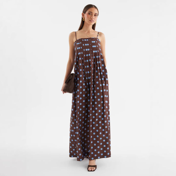 Damen Maxikleid mit verspieltem Punkte-Muster und schulterfreien Trägern Drune