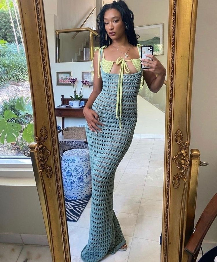 Damen gehäkeltes Maxikleid mit tiefem V-Ausschnitt und eleganter Schleifenverzierung Drune