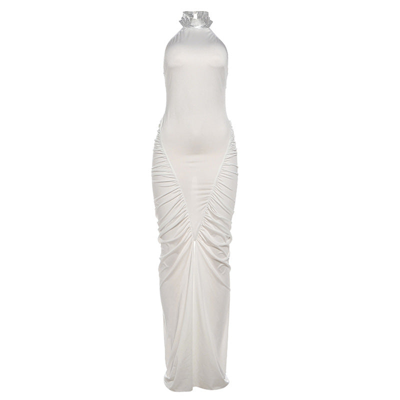 Damen Elegantes Maxikleid mit hochgeschlossenem Kragen und auffälligen Raffungselementen Drune