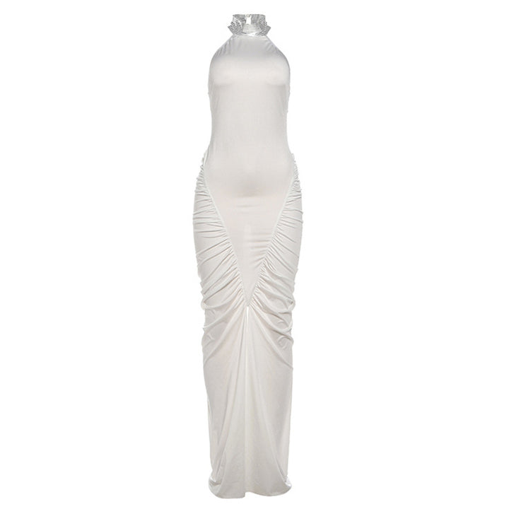 Damen Elegantes Maxikleid mit hochgeschlossenem Kragen und auffälligen Raffungselementen Drune