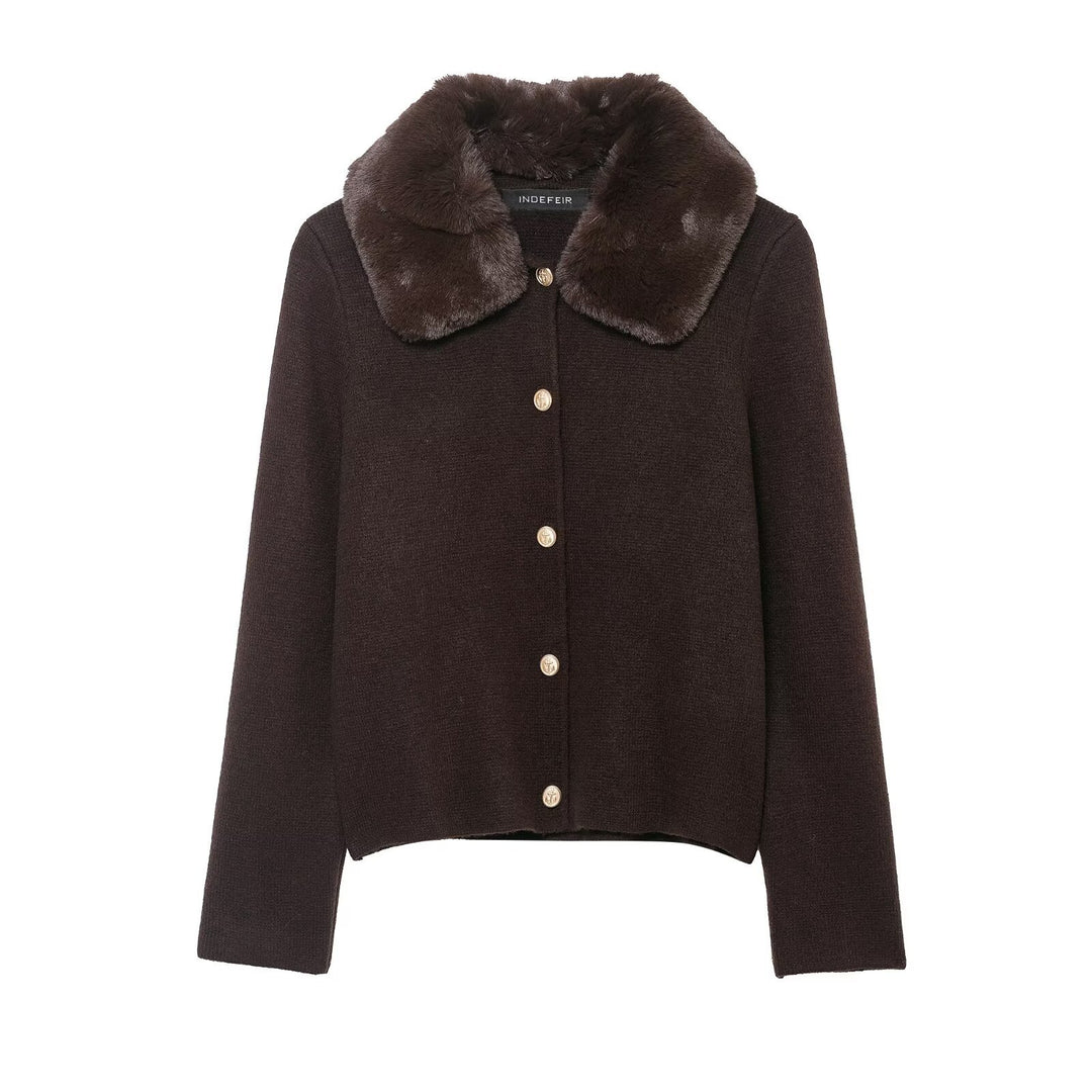 Damen Kurzgeschnittener Strickcardigan mit abnehmbarem Faux‑Fur‑Kragen Drune