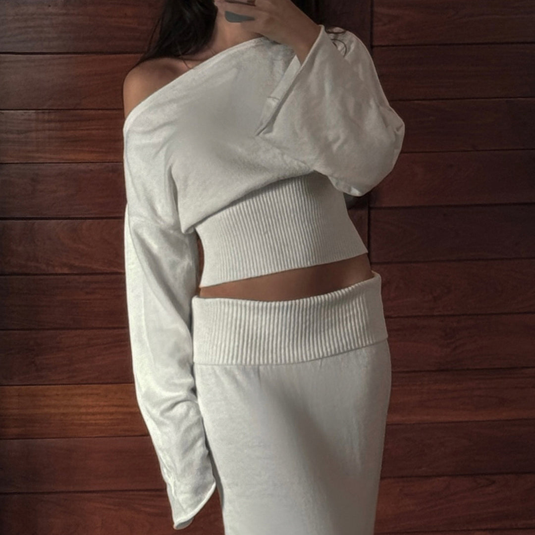 Damen Schulterfreies Rippstrick-Cropped-Top mit Taillenbund und passendem Midirock Drune