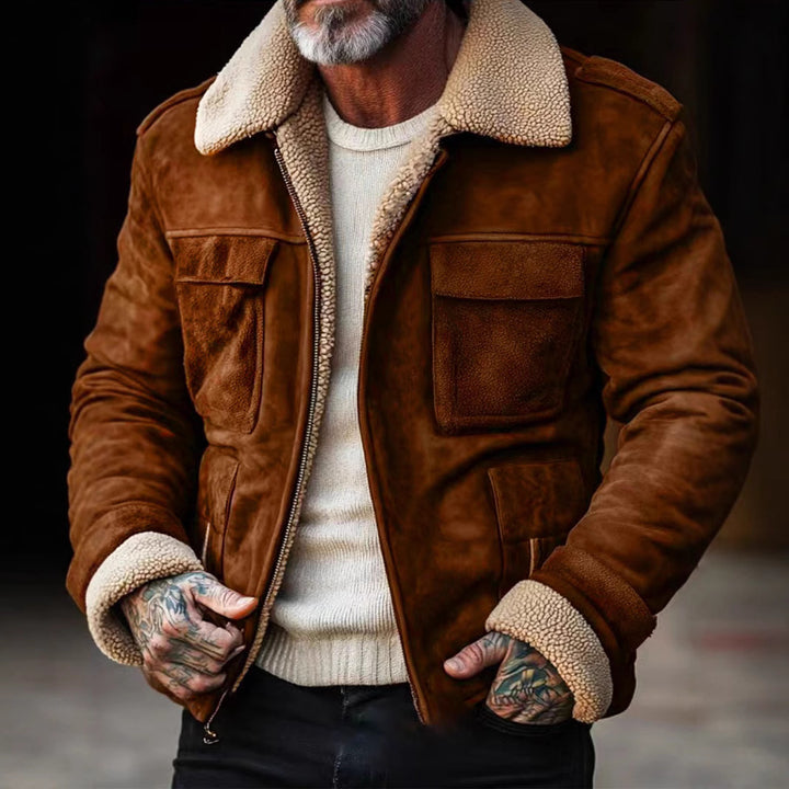 Herren nan Aviator-Lederjacke mit Lammfellimitat-Futter, aufgesetzten Brusttaschen und Reißverschluss Drune