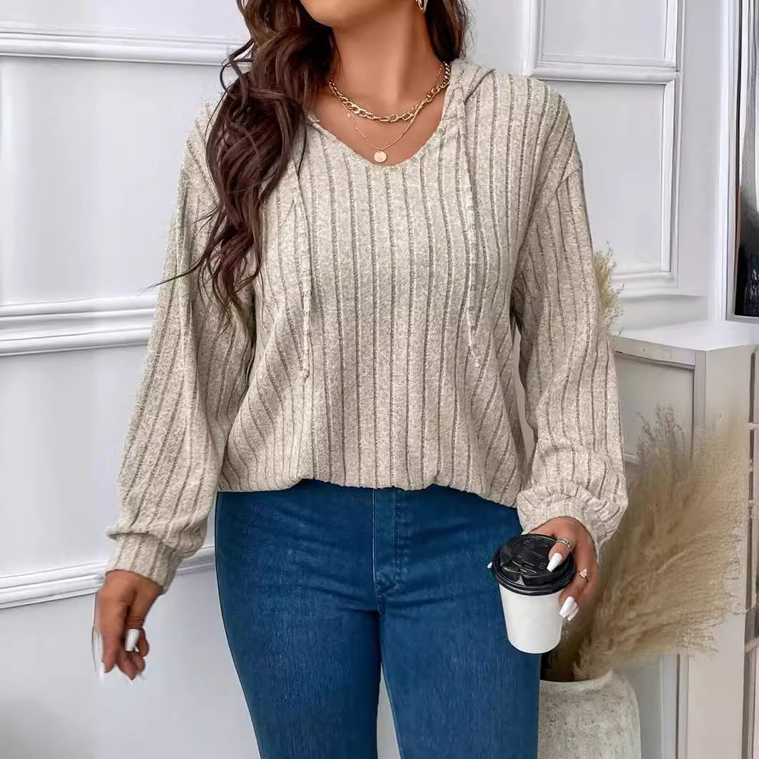 Damen nan gerippter Kapuzenpullover aus Feinstrick mit V-Ausschnitt Drune