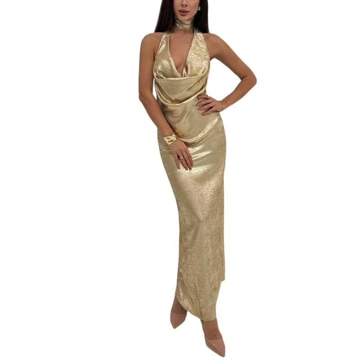 Damen Abendkleid mit tiefem V-Ausschnitt und schimmerndem Chiffon Drune