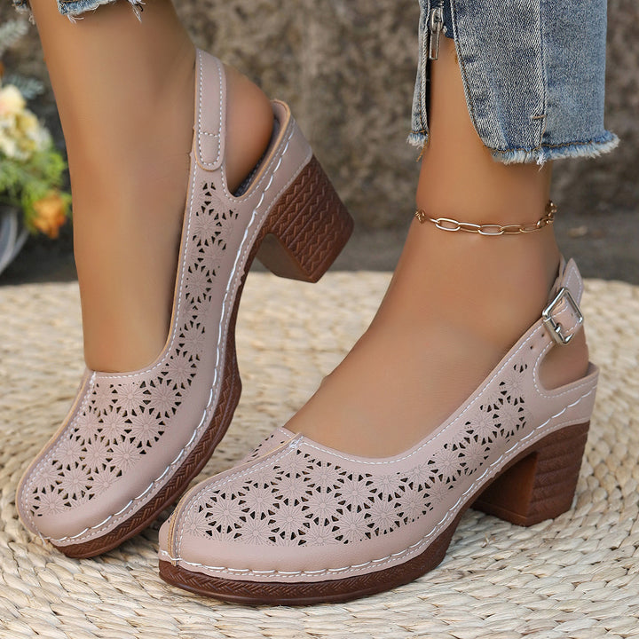 Damen  elegante Slingback-Pumps mit floralem Laser-Cut, gepolsterter Komfortinnensohle und stabilem Blockabsatz Drune