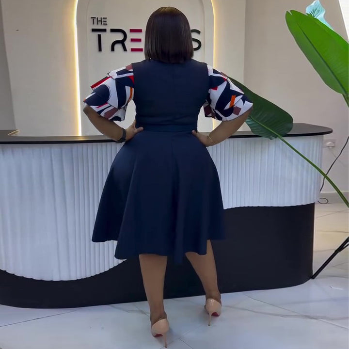 Damen A-Linien Kleid mit eleganten Puffärmeln und Gürtel Drune