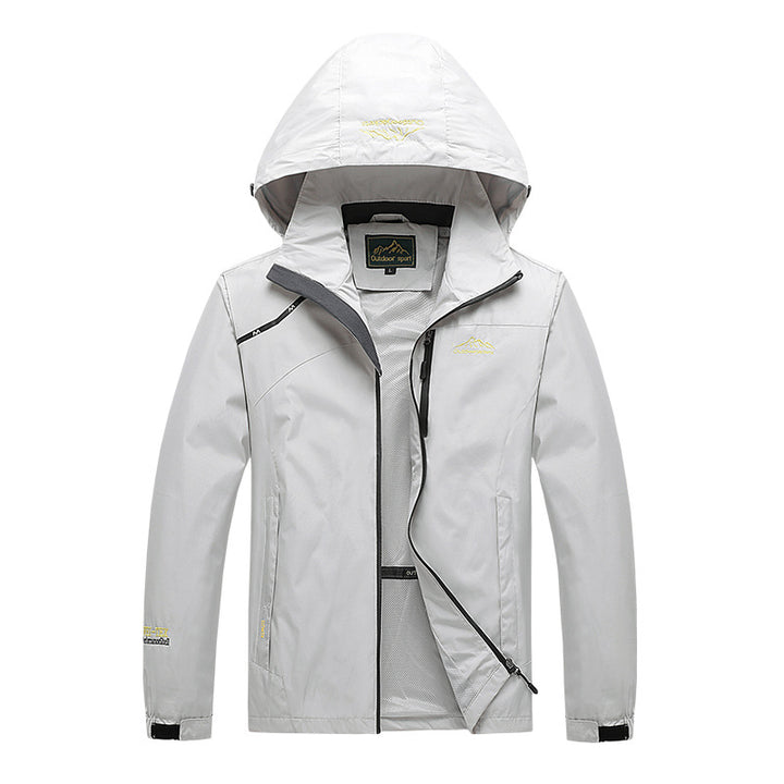 Herren atmungsaktive Softshell-Trekkingjacke mit verstaubarer Kapuze, Netzfutter und multifunktionalen Reißverschlusstaschen Drune