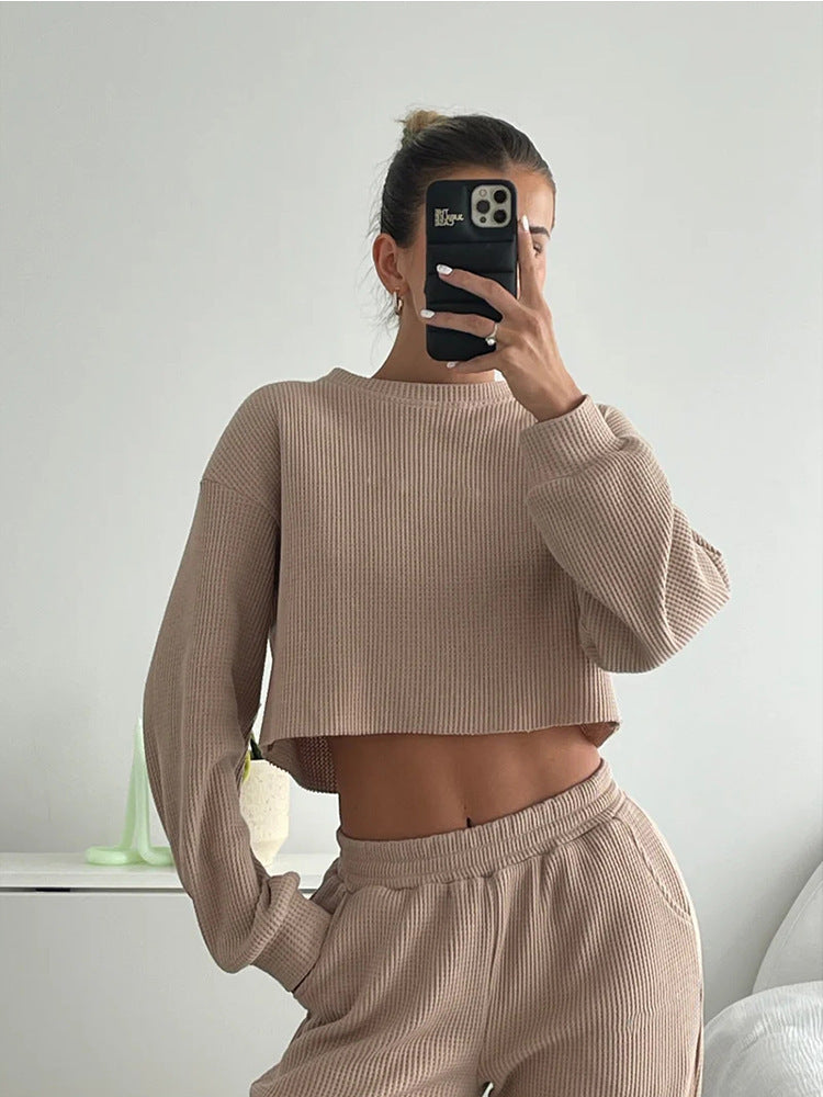 Damen geripptes Cropped-Lounge-Set mit Ballonärmeln und High-Waist Palazzo-Hose Drune