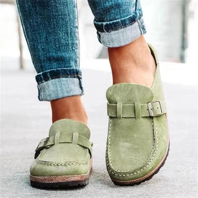 Damen Veloursleder-Slipper mit ergonomischer Korksohle und verstellbarem Schnallenriemen Drune