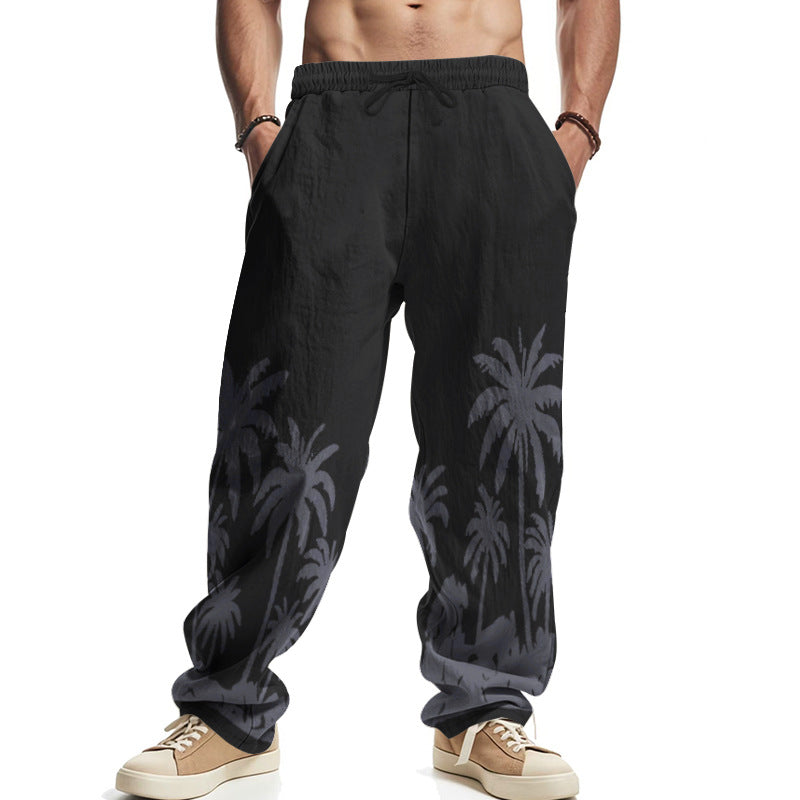 Herren nan weite Freizeit-Hose aus Baumwoll-Leinen-Mix mit Palmenprint, Elastikbund und Kordelzug Drune