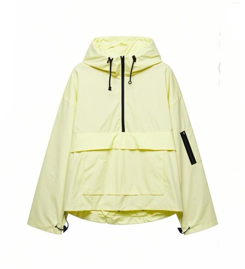 Damen funktionale Windjacke mit verstellbarem Kapuzenkragen und Kängurutasche Drune
