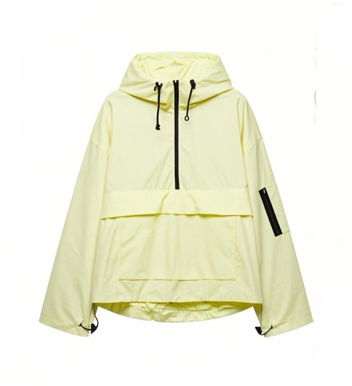 Damen funktionale Windjacke mit verstellbarem Kapuzenkragen und Kängurutasche Drune