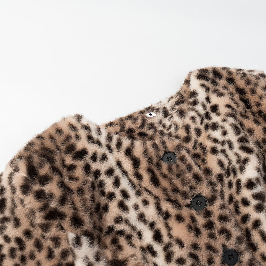 Damen Kurzjacke aus Kunstpelz mit Leopardenmuster und Rundhalsausschnitt Drune