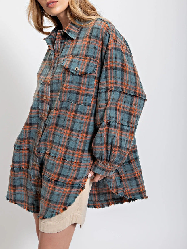 Damen lässige Oversized-Hemdjacke mit Karomuster Drune