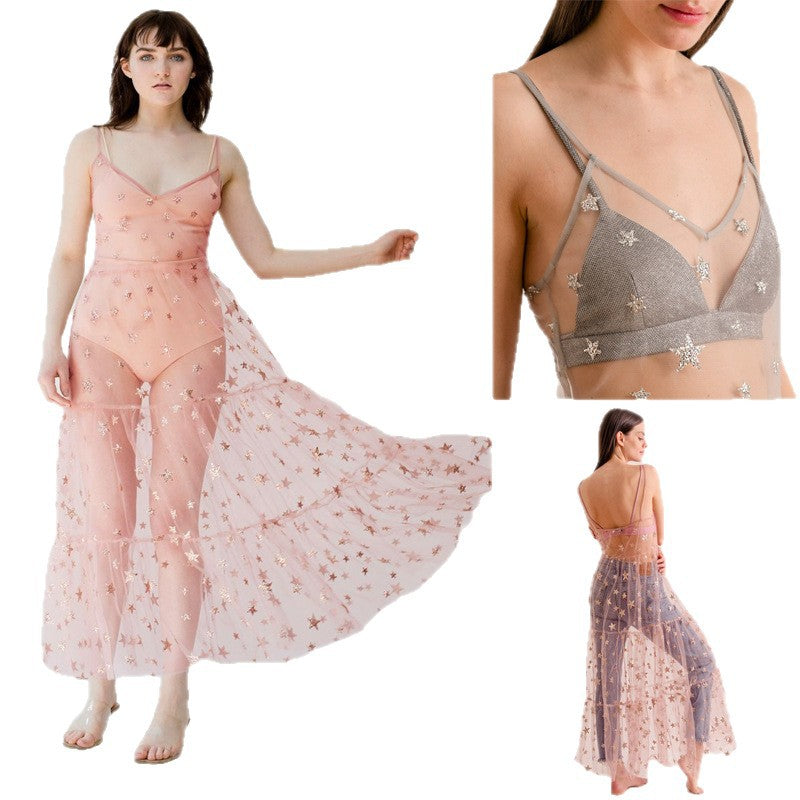 Damen Transparente Maxikleid aus Chiffon mit Sternen-Design und mehrlagigem Saum Drune