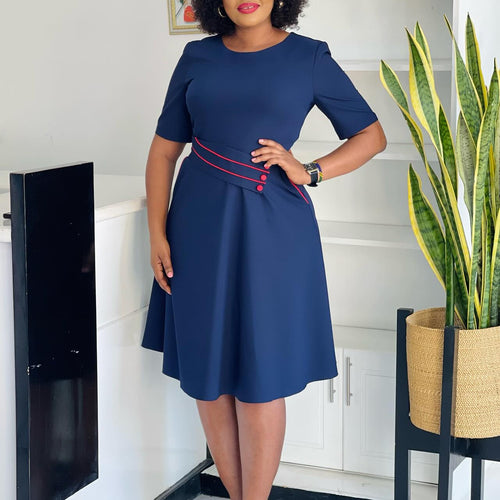 Damen A-Linien Kleid mit dekorativem Gürtel und eleganten Knopfdetails Drune