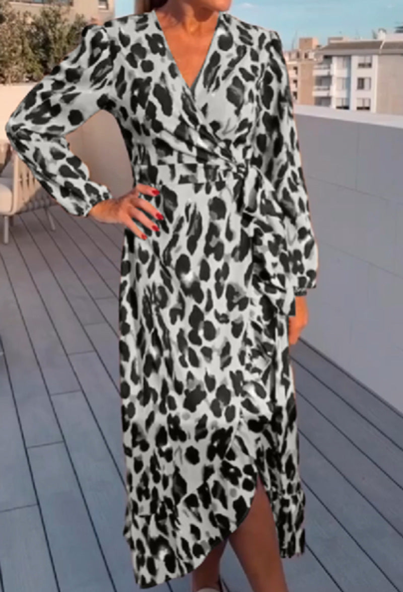 Damen nan Wickelmidikleid mit Taillenbindung, V-Ausschnitt, Ballonärmeln und asymmetrischem Saum Drune