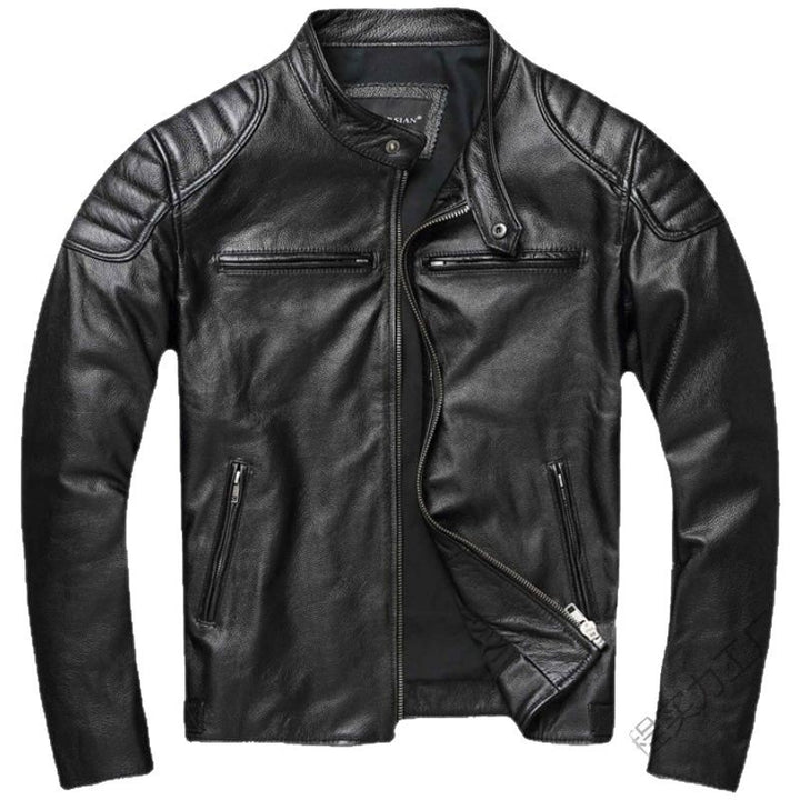 Herren Lederjacke im Vintage-Bikerstil mit Brusttaschen und Reißverschluss Drune