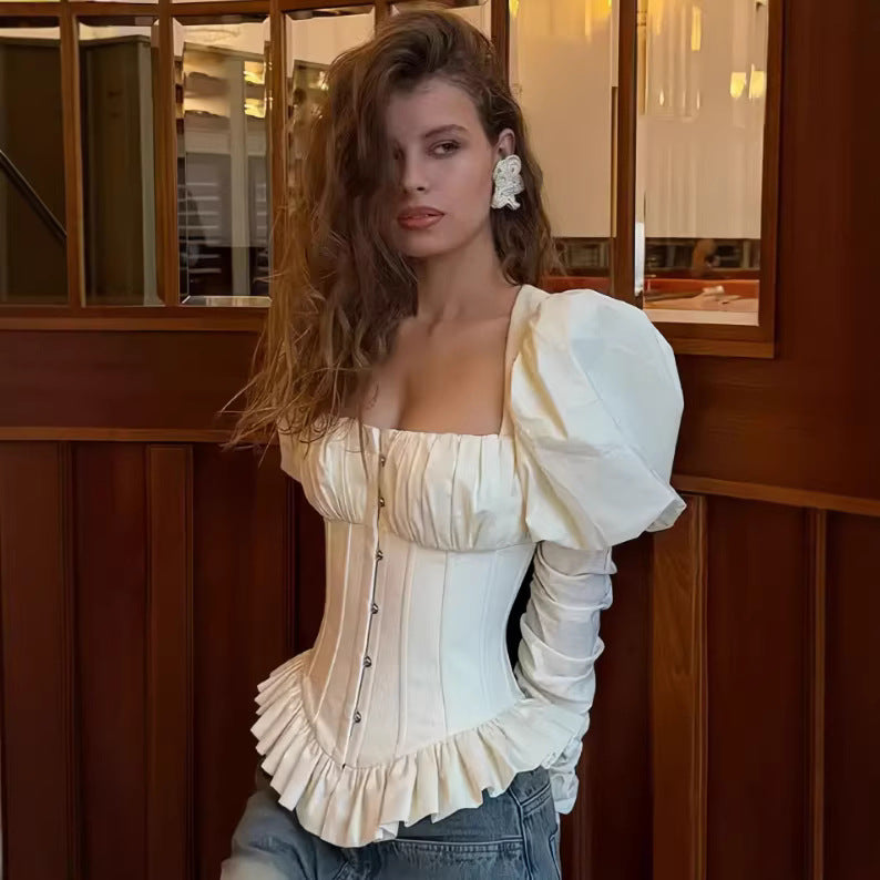 Damen Corsagenbluse mit Puffärmeln, Rüschen-Saum und Schnürdetail Drune