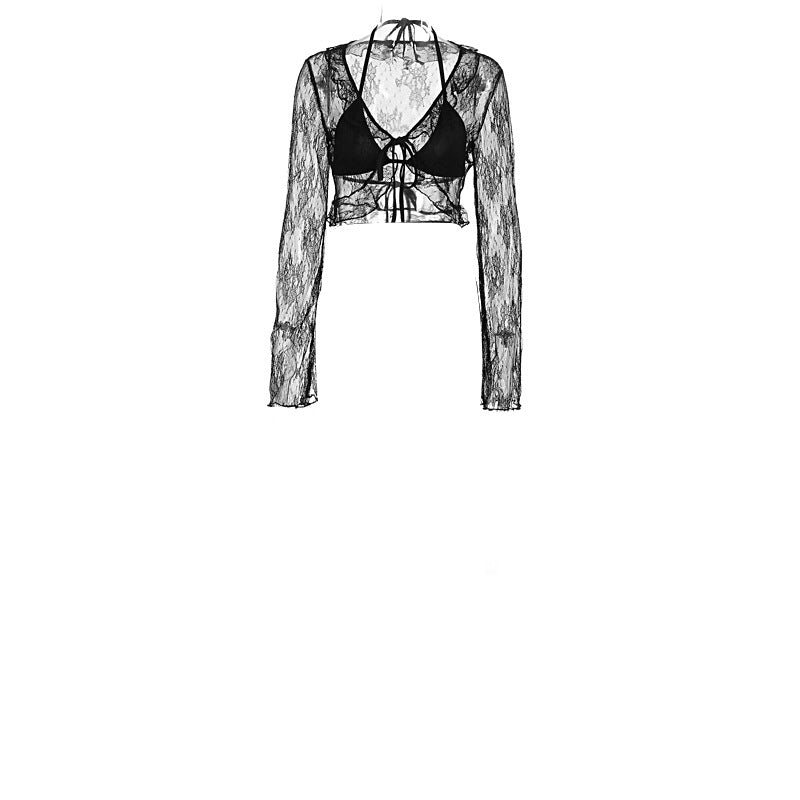 Damen Transparente Bluse mit Rüschenärmel und frechem Bindeband Drune