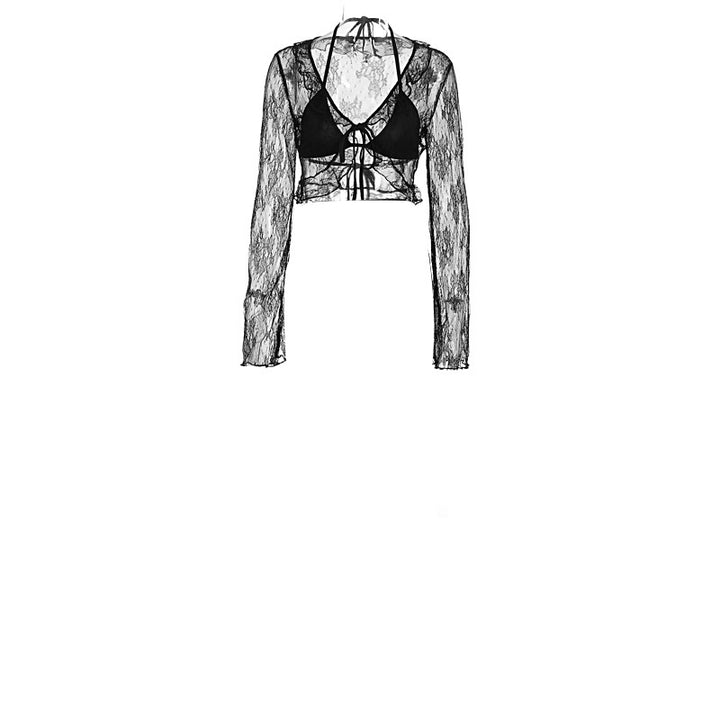 Damen Transparente Bluse mit Rüschenärmel und frechem Bindeband Drune