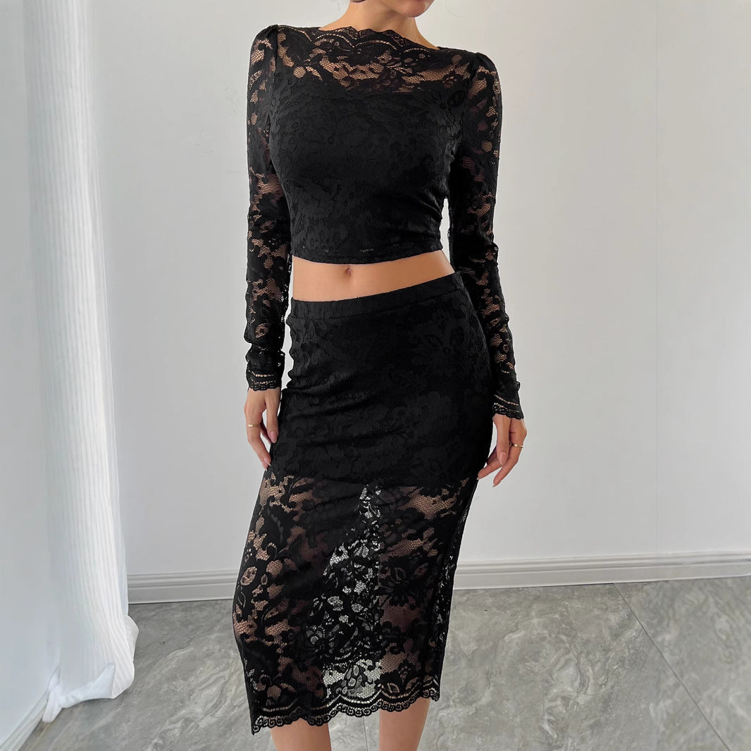 Damen nan zweiteiliges Spitzenensemble mit bauchfreiem Langarmoberteil und tailliertem Midirock Drune