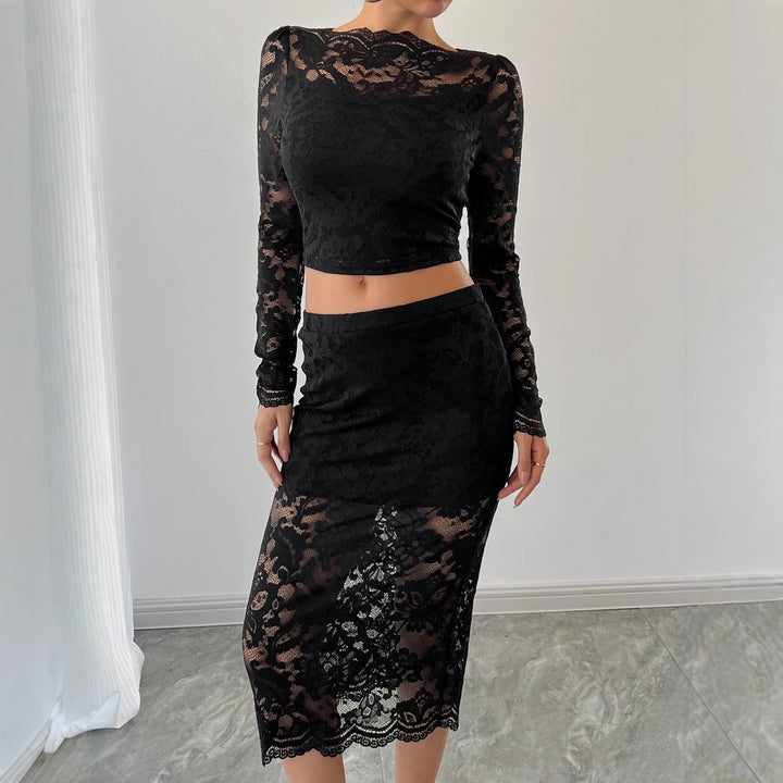 Damen nan zweiteiliges Spitzenensemble mit bauchfreiem Langarmoberteil und tailliertem Midirock Drune