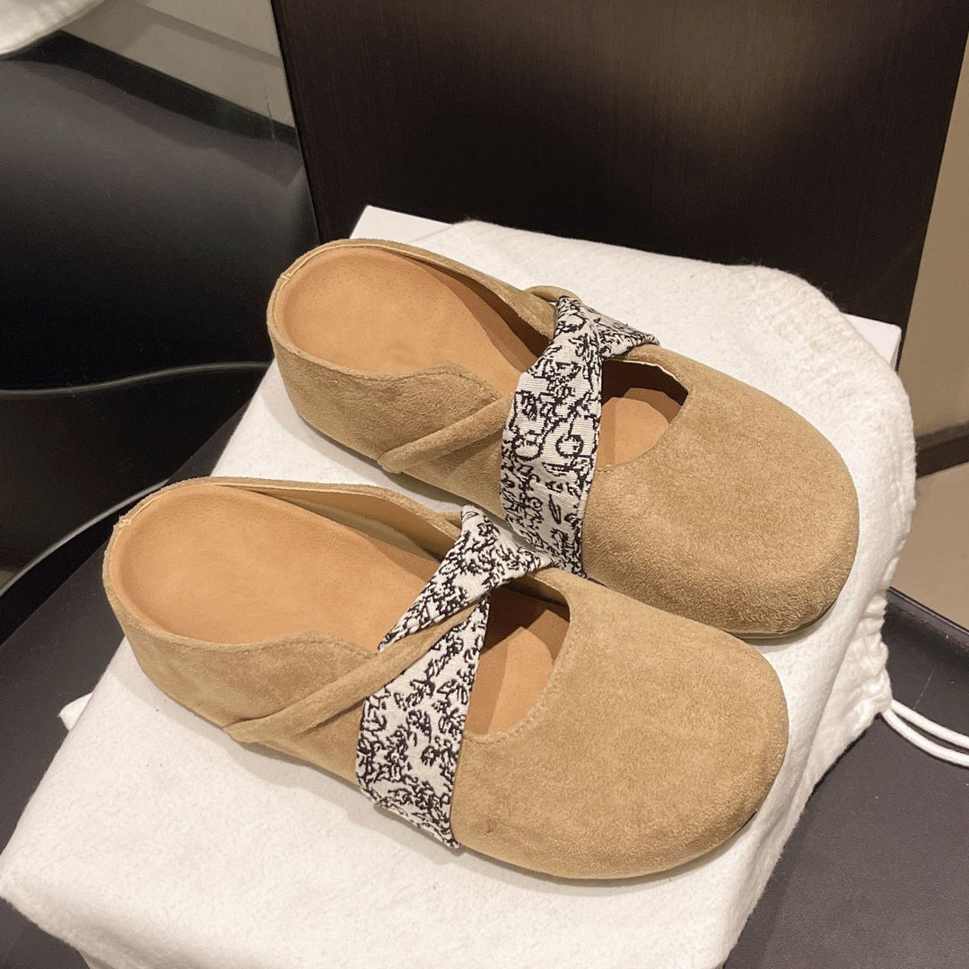 Damen Velours-Mules mit gepolstertem Fußbett und Zierkreuzriemen Drune