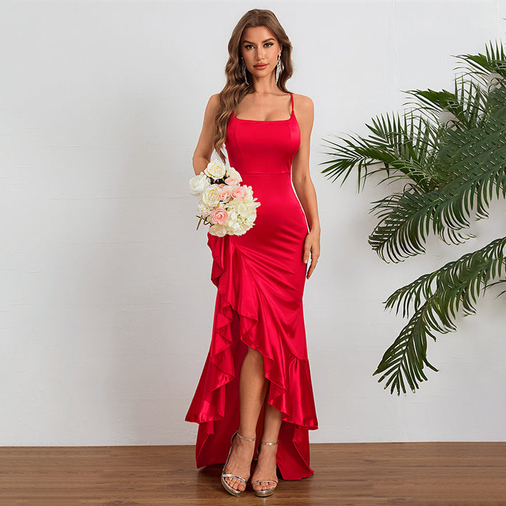 Damen elegantes Maxikleid mit asymmetrischem Rüschensaum und taillierter Silhouette Drune